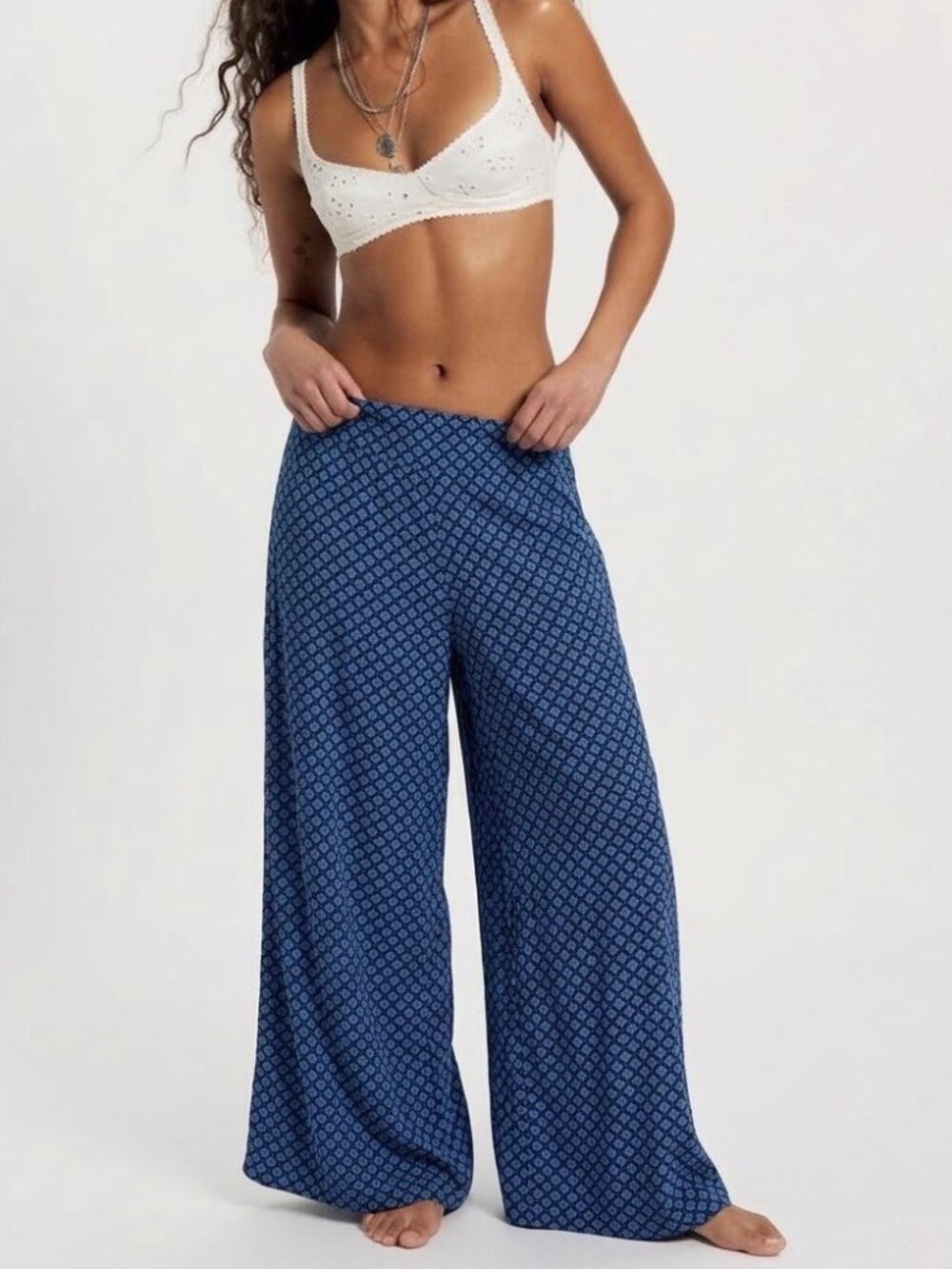 NEW Band Of Gypsies Palazzo Pants Wide Leg Flowy Blue & Orange Size LARGE
